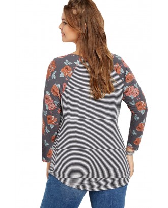 Plus Size Gray Floral Sleeves Striped Baseball Tee
