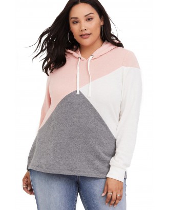 Pink Hooded Tricolor Blocked Plus Size Top
