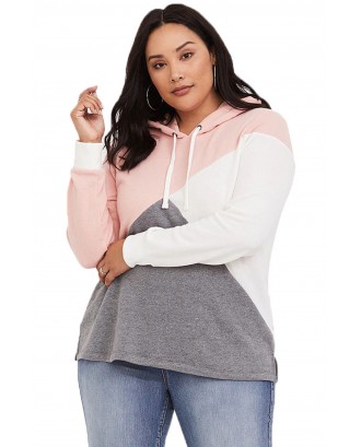 Pink Hooded Tricolor Blocked Plus Size Top