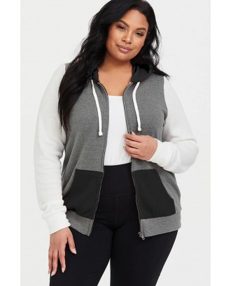 Black Colorblock Hooded Zip Plus Size Jacket