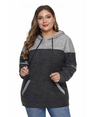 Black Color Block Pullover Plus Size Hoodie with Pocket