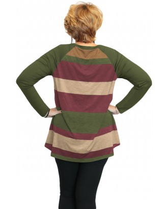 Green Multi Colorblock Raglan Sleeve Plus Size Women Top