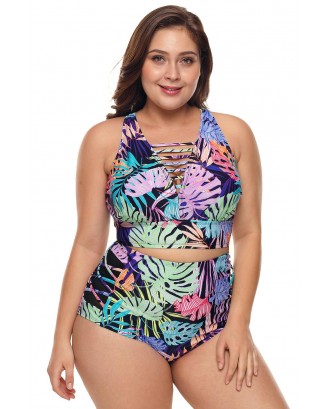 Plus Size Tropical Print Neck Detail Two Piece Swimwear