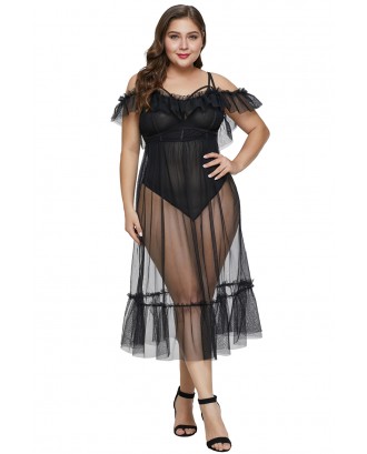 Black Plus Size Teddy Lingerie with Tulle Layer