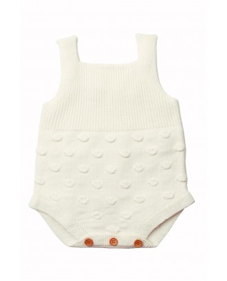 White Ribbed&Spotted Cotton Knit Sleeveless Baby Romper