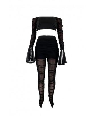 Lovely Apparel Dew Shoulder See-through Black Two-piece Pants Set