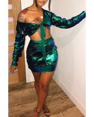 Lovely Apparel V Neck Sequined Green Two-piece Skirt Set