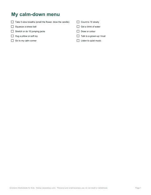 Preview of the first page of Calm-down strategies menu
